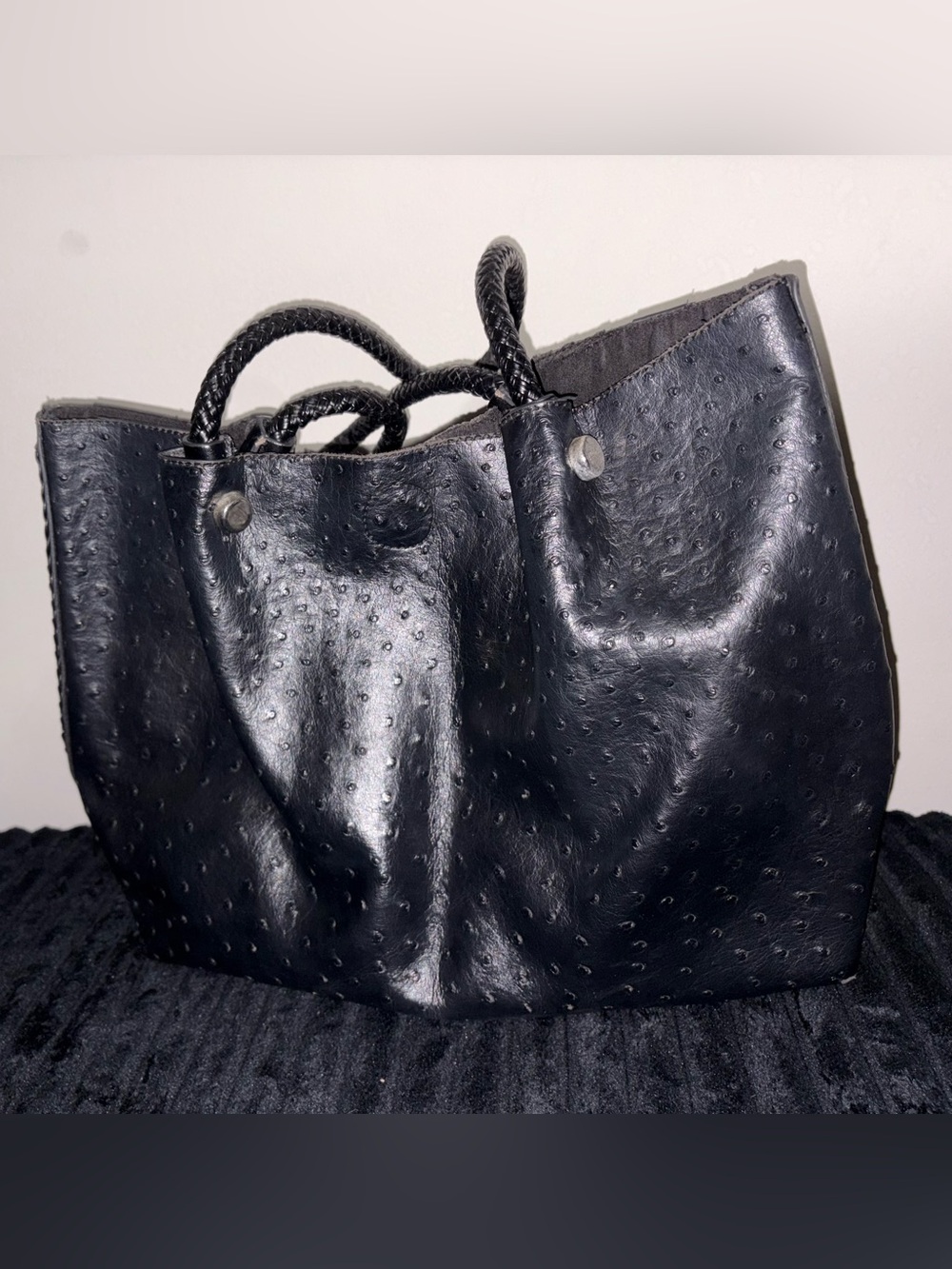 Black Textured Tote Bag with Rope Handles